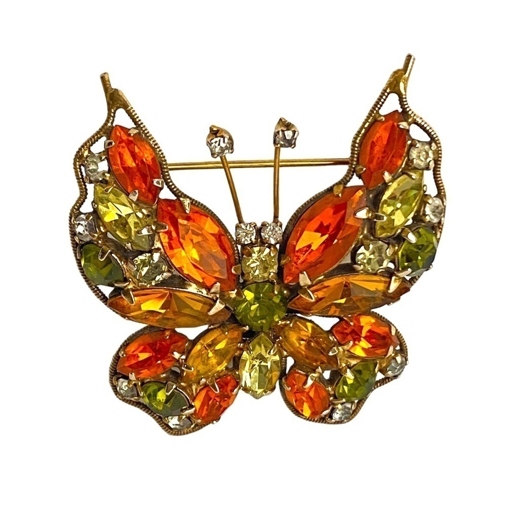 Vintage La Roco‎ Butterfly Brooch Orange Green Rhinestone Pin Retro Estate Piece